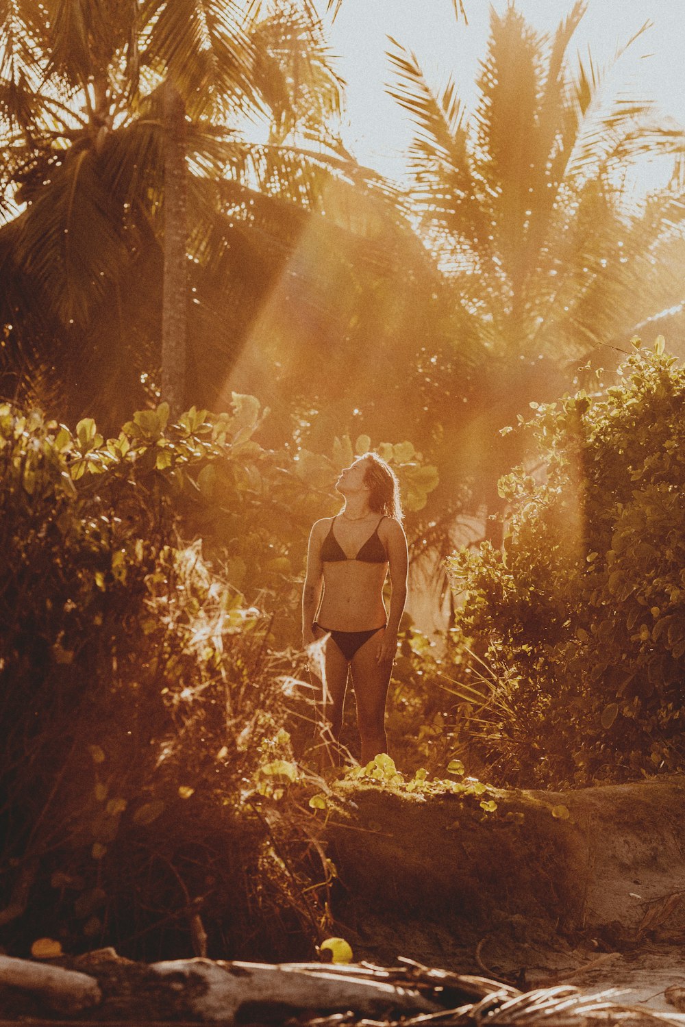 woman in black bikini standing on forest during daytime