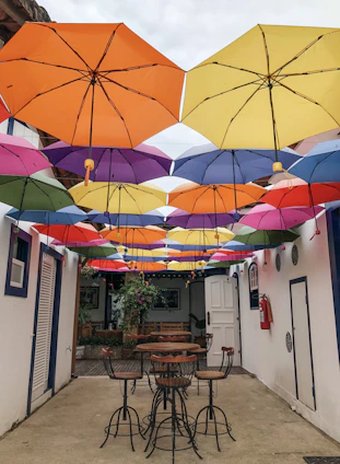 Vibrant seaside guinguette decorated with local murals, lively open kitchen and joyful diners under a sunny sky.
