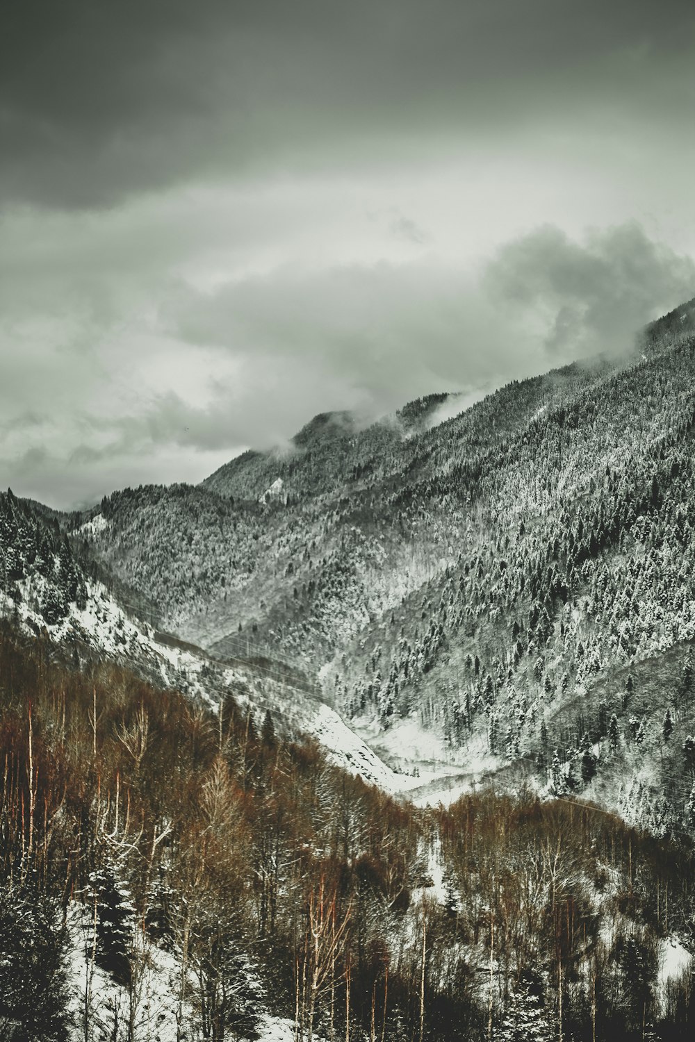 snow covered mountain under cloudy sky during daytime