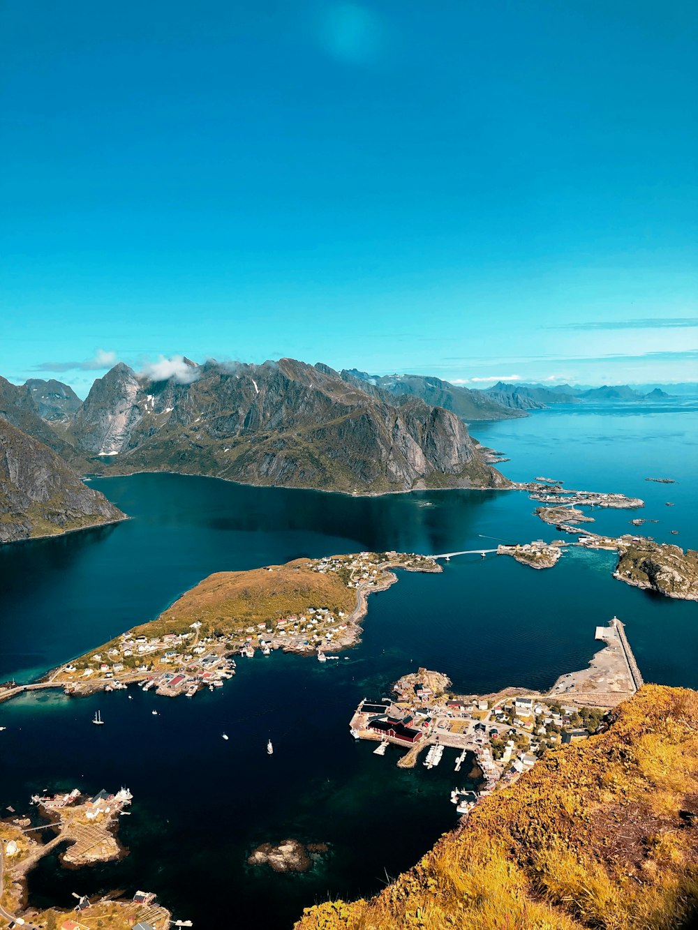 aerial view of lake and mountains during daytime