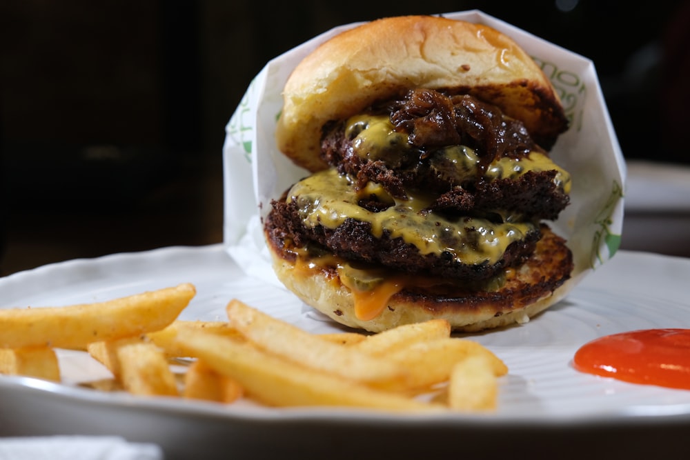 burger with patty and fries