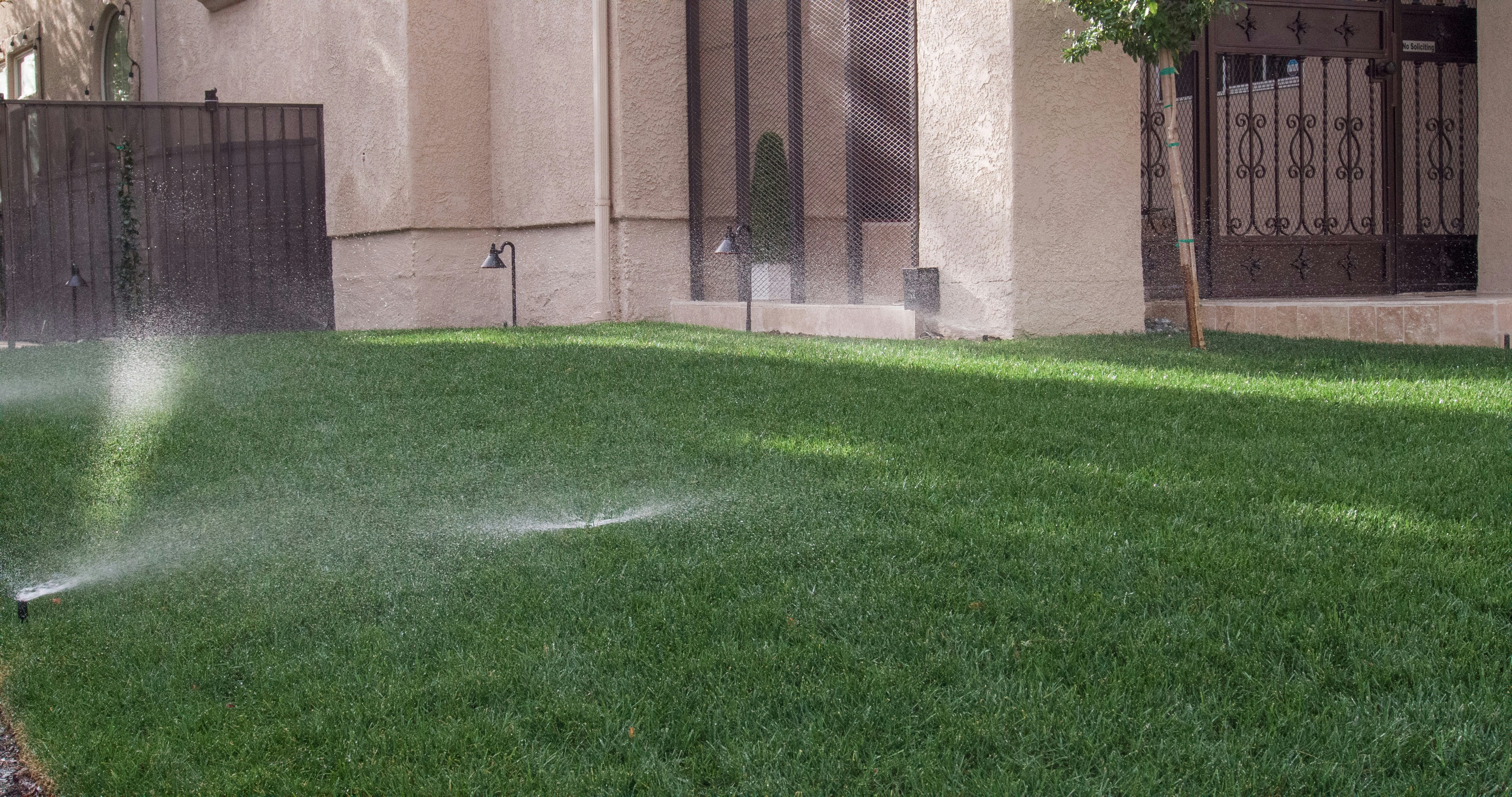 Irrigation sprinkler system spraying water over a healthy green lawn in bright sunlight