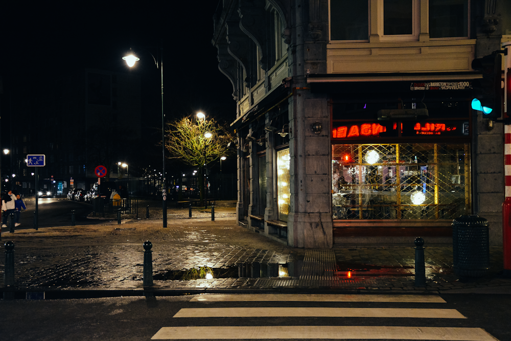 people walking on sidewalk during night time