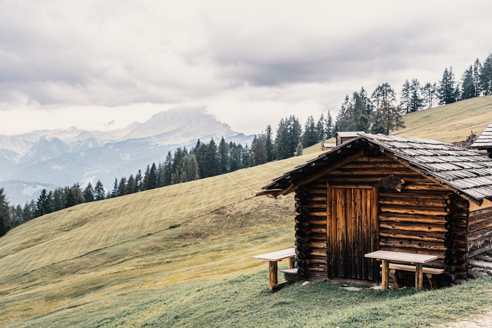 brown wooden house on green grass field near green trees and mountains during daytime