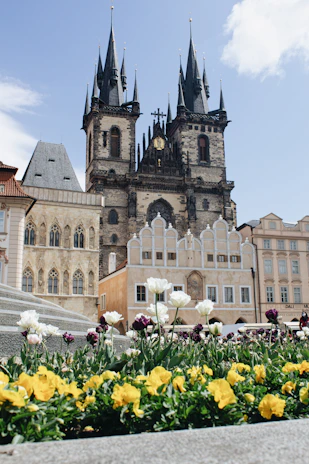 A charming historic church facade surrounded by blooming flowers on a sunny day.
