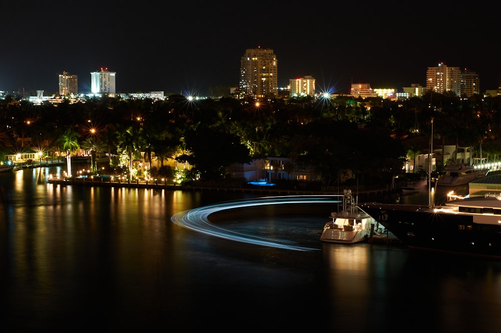 city skyline during night time