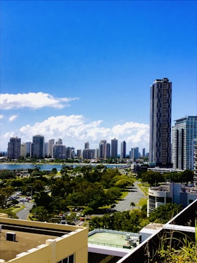 A vibrant city skyline with tall modern skyscrapers under a clear blue sky. In the foreground, a lush green park is visible, alongside winding roads and buildings. A body of water separates the parkland from the distant skyline.