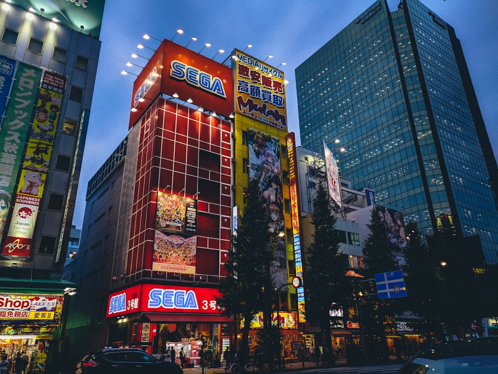 夜間の赤と青のライトアップされた建物