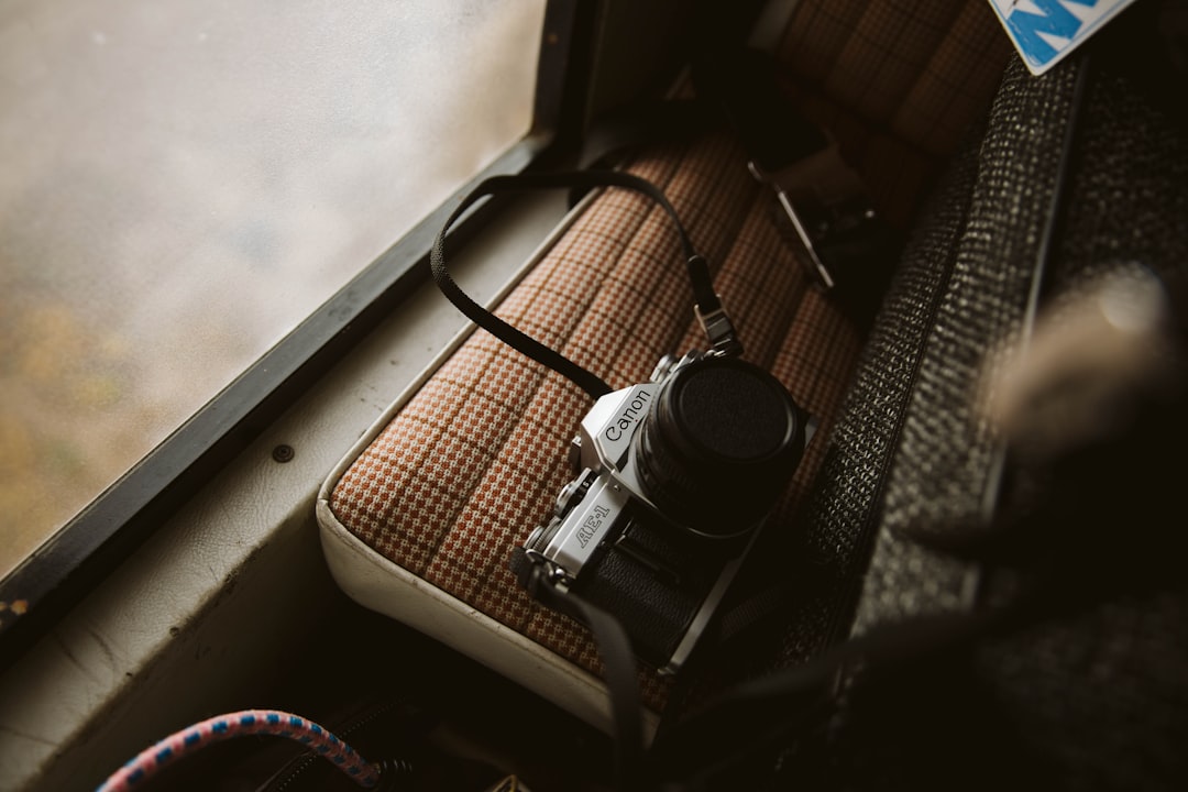 black and silver dslr camera on brown wooden table, Canon film camera in back seat of airplane
