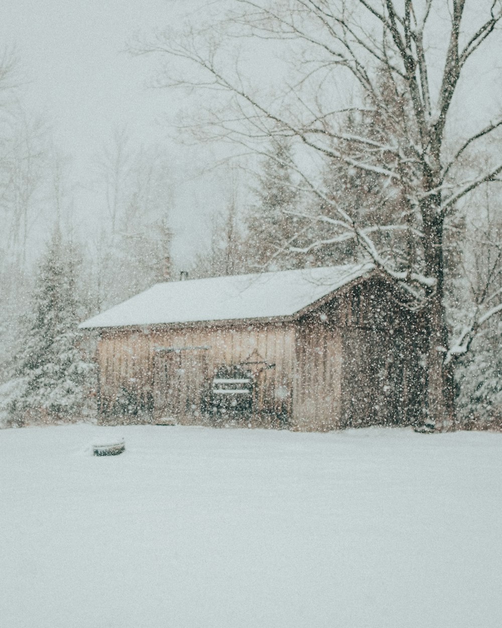 brown wooden house on snow covered ground