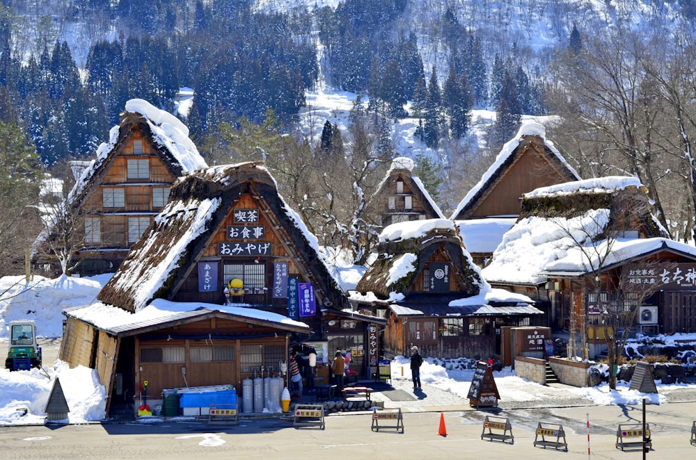Braunes Holzhaus in der Nähe des schneebedeckten Berges tagsüber