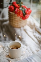 A cozy scene with a patterned mug on a book and knitted blanket in soft light.