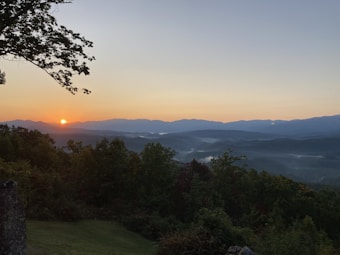 A serene landscape during sunrise with the sun appearing above a distant mountain range. The sky transitions from orange near the horizon to a clear blue further up. Mist drifts among the forested hills in the foreground, and a tree with extensive branches partially frames the view on the left side.