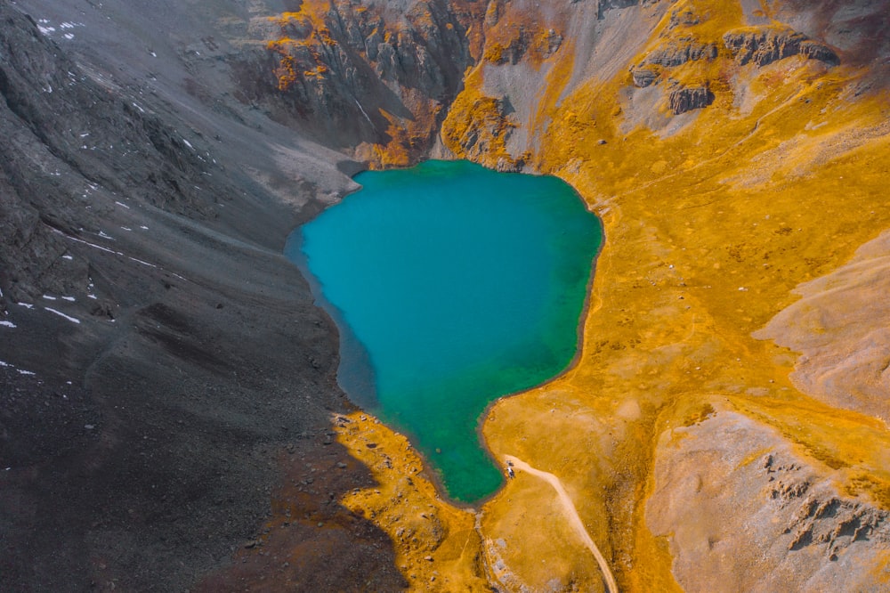 aerial view of lake in the middle of the mountains