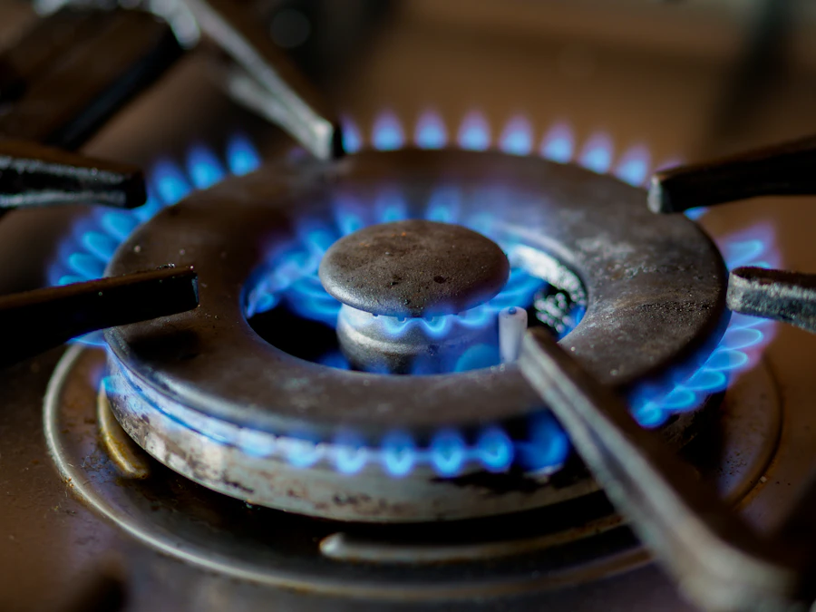 A home gas range burner with a steady blue flame