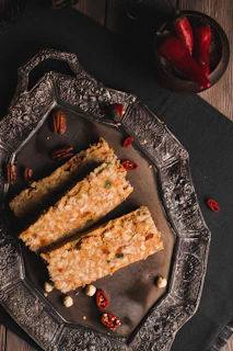 sliced bread on black ceramic plate