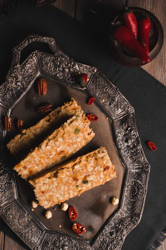 sliced bread on black ceramic plate