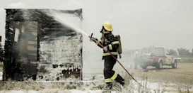 A firefighter in full protective gear is actively spraying water on a burning wooden structure, which is covered in white foam. A fire truck is parked in the background, with a couple of firefighters nearby, indicating an emergency response scene. The environment appears to be an open, rural area under a cloudy sky.