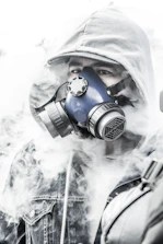 person wearing white gas mask