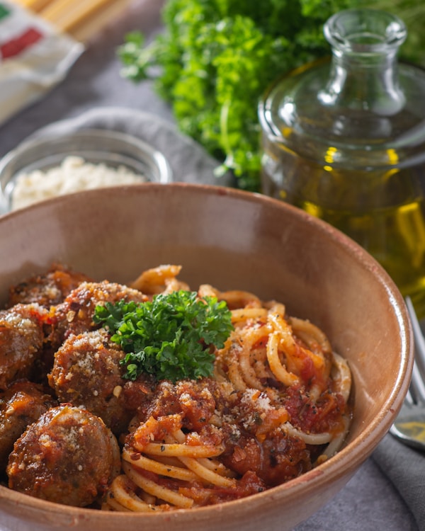 Pasta dish in stainless steel bowl