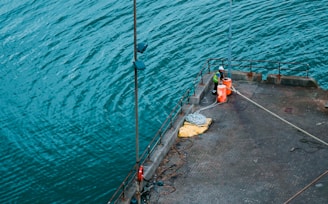Worker wearing high-visibility jacket and safety helmet inspecting marine equipment.