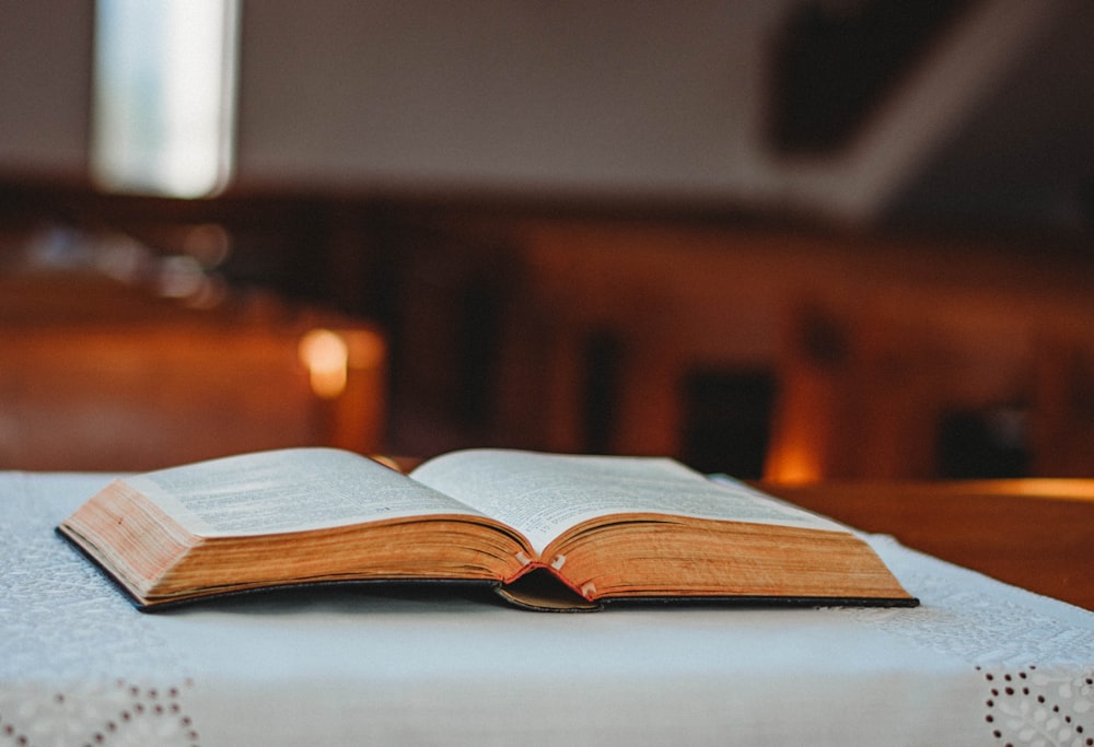 opened book on brown wooden table