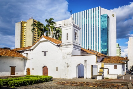 white and brown concrete building near green trees under blue sky during daytime