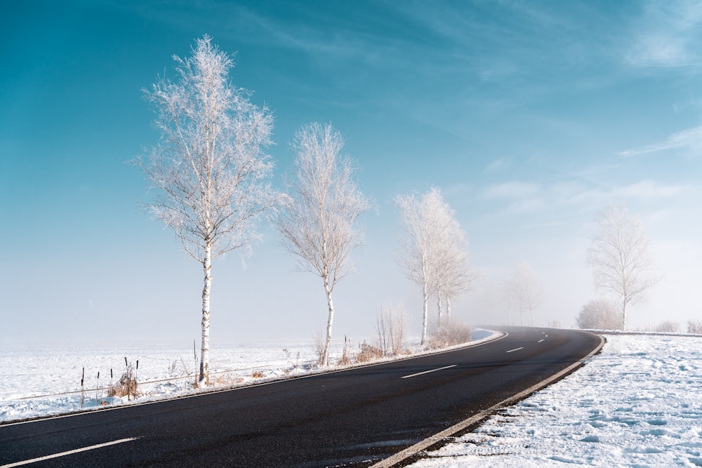 black asphalt road between snow covered ground under blue sky during daytime