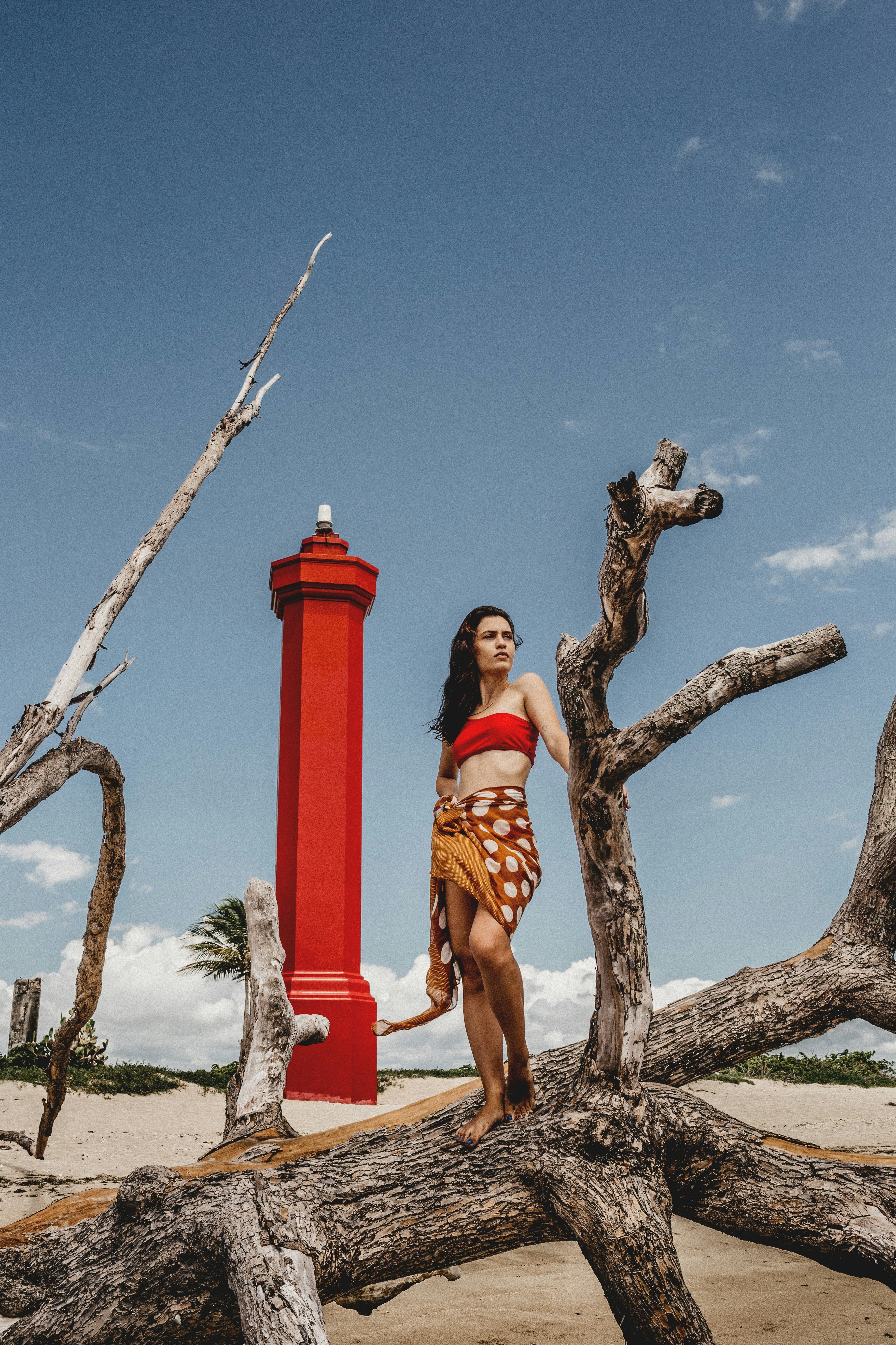 woman in brown and black leopard print dress sitting on brown tree branch during daytime