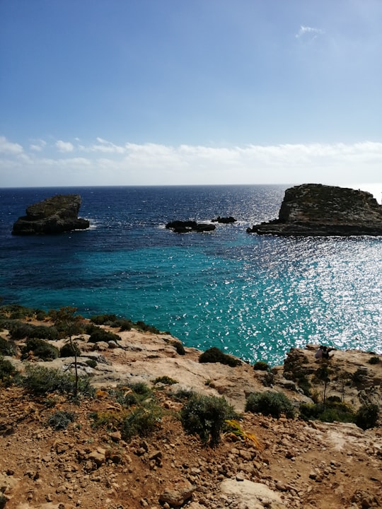 brown rock formation on sea under blue sky during daytime in Blue Lagoon Malta