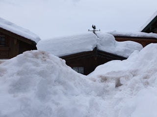 A snow-covered rooftop with a weather vane shaped like a rooster sits atop wooden buildings. Thick layers of snow blanket the structures and surrounding area, creating a wintery scene.