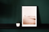 A sleek tasveer digital frame displaying a serene morning landscape in a cozy living room.