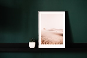 A sleek tasveer digital frame displaying a serene morning landscape in a cozy living room.