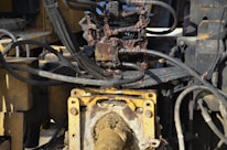 A close-up view of a hydraulic machine component with several interconnected metal pipes and hoses. The machinery appears heavily used, with visible dirt and oily residue coating parts of the structure. The main focus is on a central gear or joint caked in mud and oil, surrounded by a network of thick black cables and yellow metal framework.