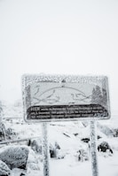 A heavily snow-covered sign with text in German stands amidst a snowy landscape. The sign is frosted over, obscuring some details, while snow blankets the surrounding area, including the ground and nearby foliage.