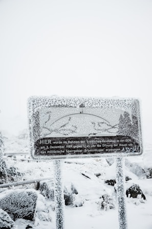 A heavily snow-covered sign with text in German stands amidst a snowy landscape. The sign is frosted over, obscuring some details, while snow blankets the surrounding area, including the ground and nearby foliage.