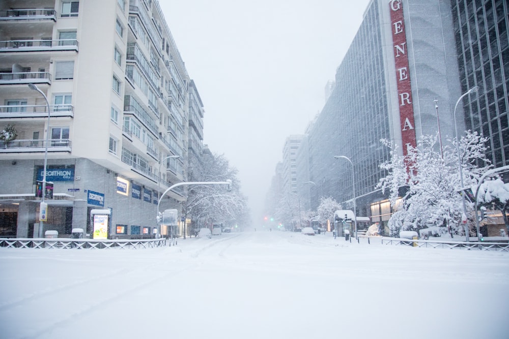 people walking on snow covered road near high rise buildings during daytime