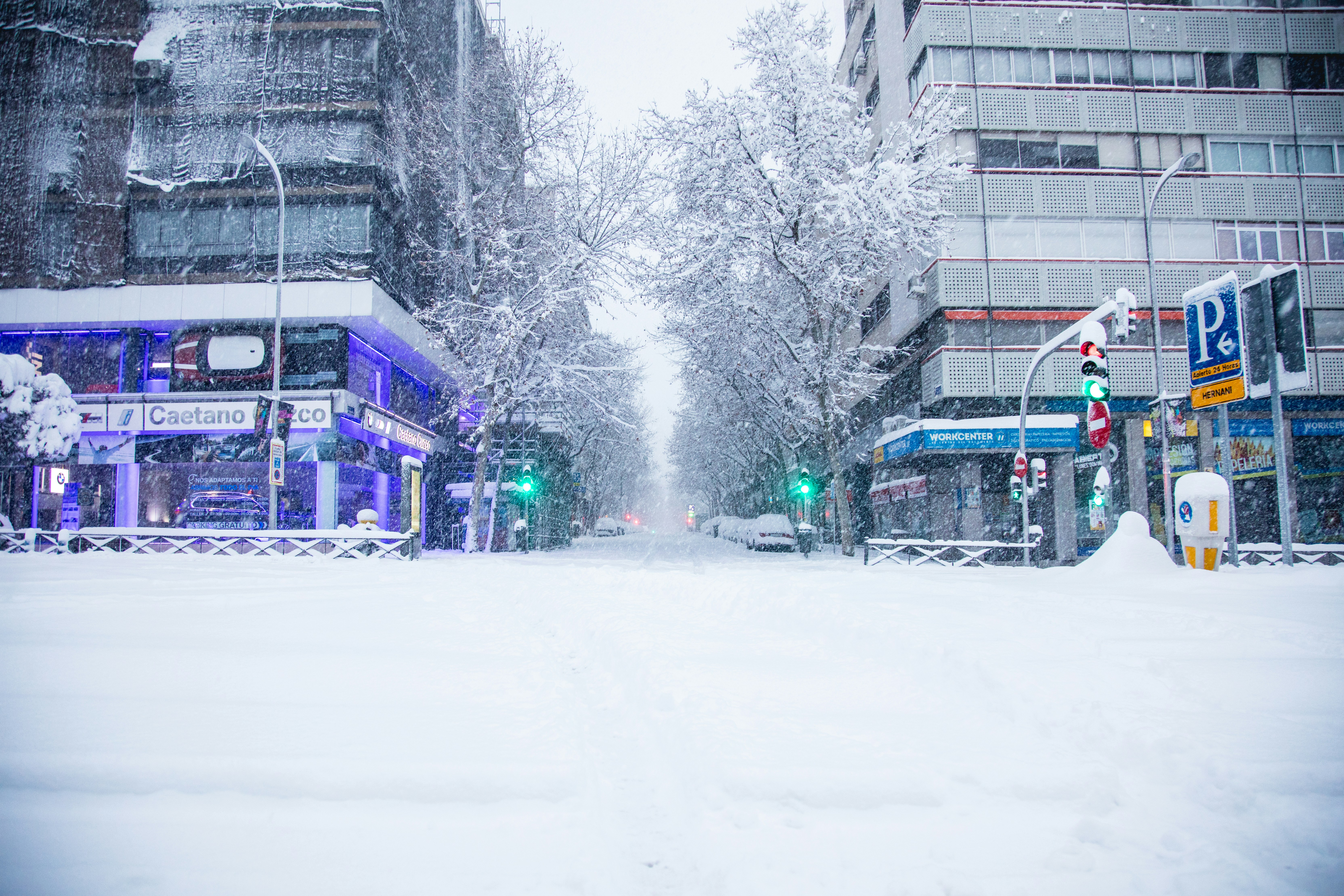 Grüner und schwarzer Zug tagsüber auf schneebedeckter Straße