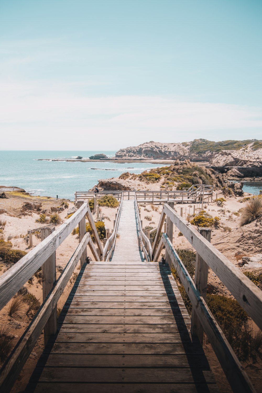 brown wooden bridge on beach during daytime