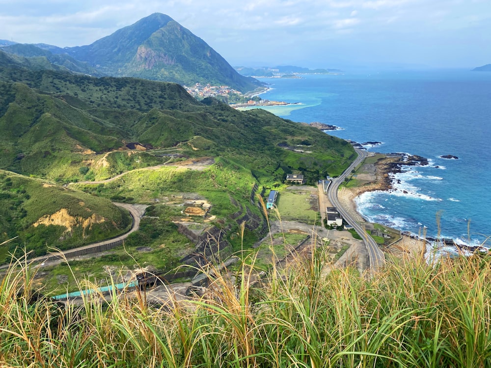 日中の水域近くの緑の草原