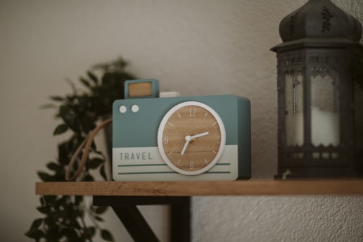 A decorative clock designed to resemble a vintage camera sits on a wooden shelf. The clock features a circular face with wooden texture and white hands, and the word 'TRAVEL' written on its front. Nearby, a dark, ornate lantern stands, and a leafy green plant adds a natural touch in the background.