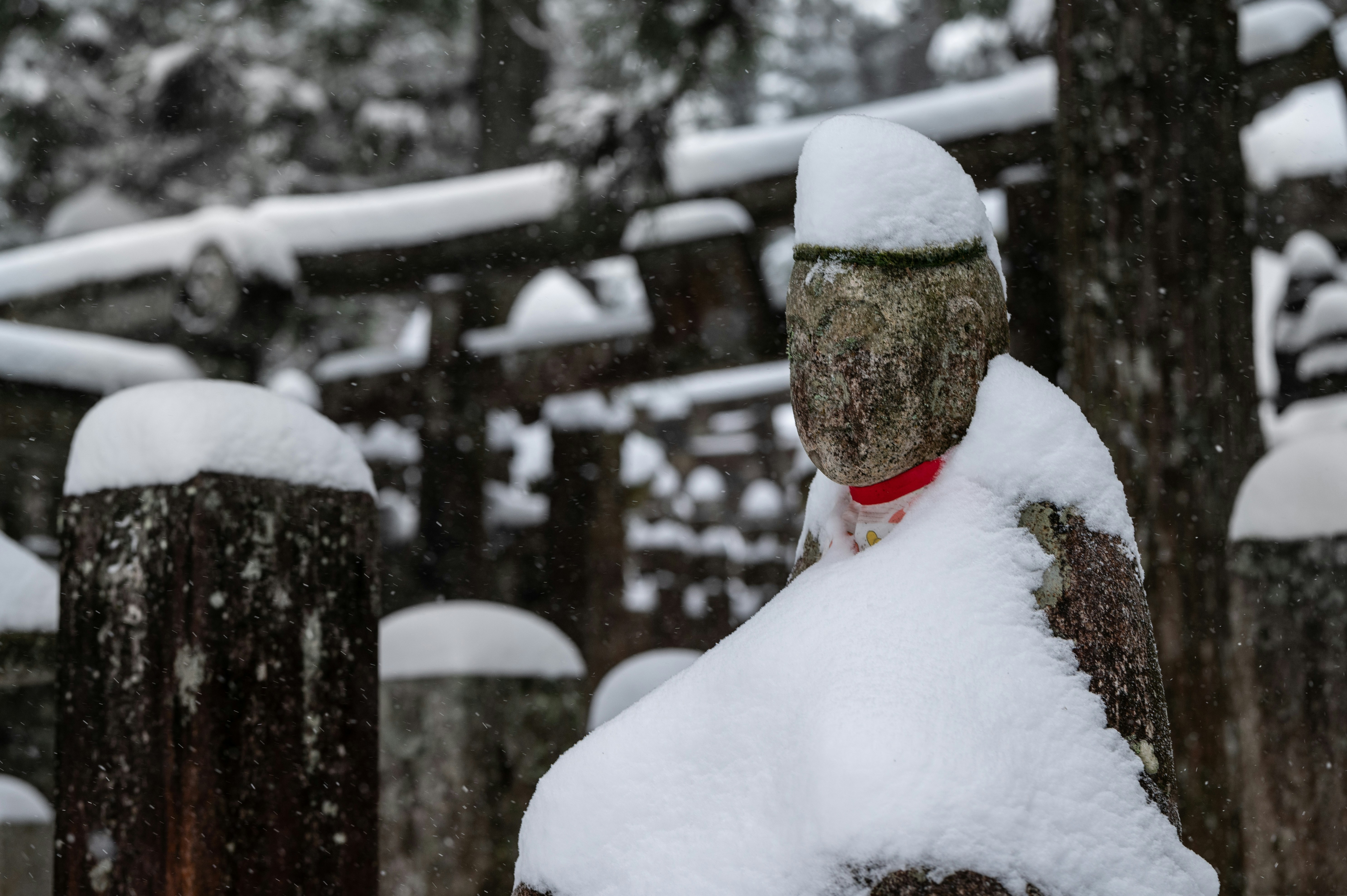 Person wearing warm winter clothing in snowy Japan