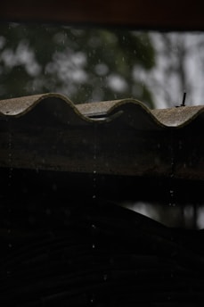 A dark, moody photograph of an angled roofing structure with a wavy pattern. The top of the roof appears weathered. Raindrops are visibly falling in front of the roof, with a blurred green background, possibly trees.