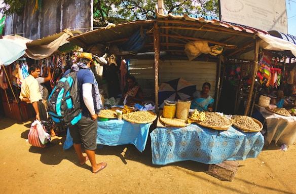 A bustling outdoor market scene featuring a vendor stall with various grains and pulses displayed in large baskets on a blue tablecloth. The vendor, dressed in a blue sari, sits behind the stall with an umbrella providing shade. Several people, including a man with a backpack and hat, are engaged in activity nearby. Bright colors and textiles can be seen hanging in the background.