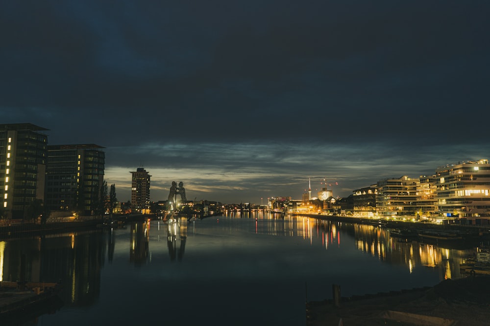 city skyline during night time