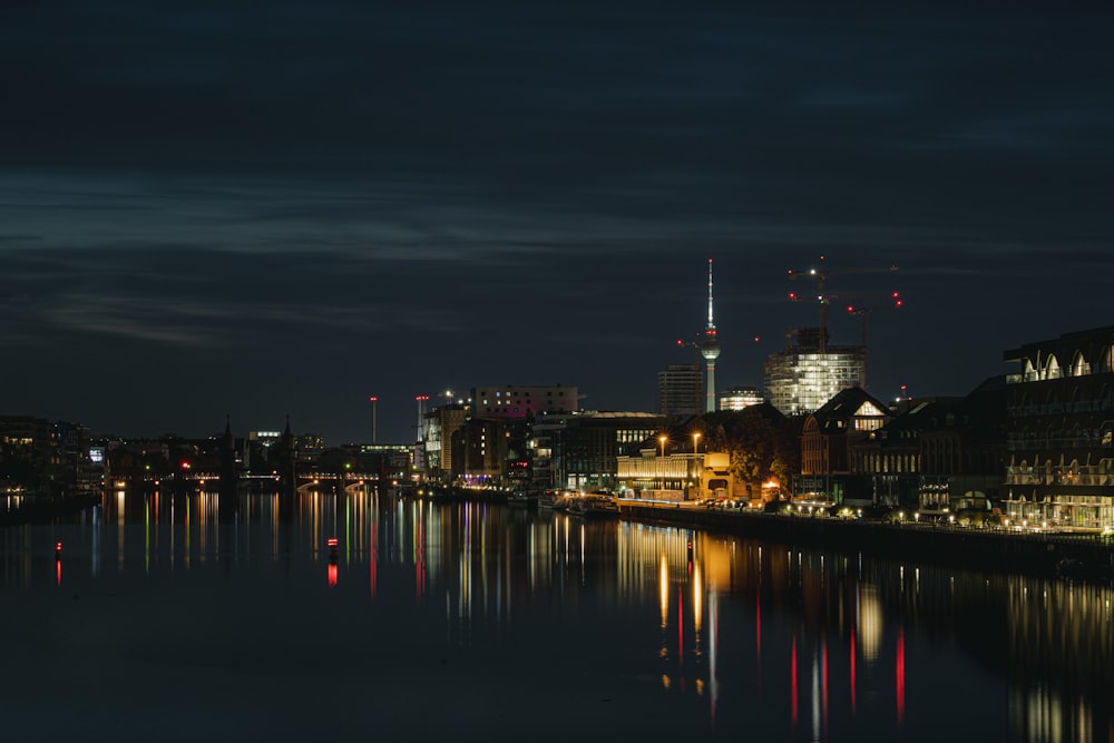 city skyline during night time