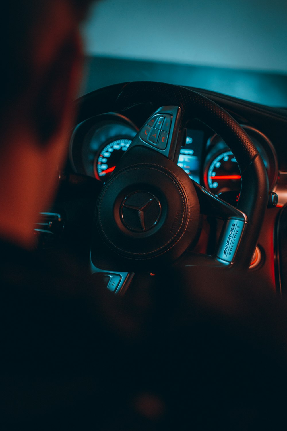 black and red steering wheel