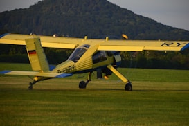A small, yellow aircraft is parked on a grassy field with a forested hill in the background. The plane has wing struts and displayed markings, including a visible flag on its tail and registration information on its fuselage.