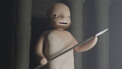 A stylized animated character with a simple facial expression stands holding a spear in one hand. The background features large, shadowy columns, creating an ancient or mystical atmosphere. The character has a bald head and a beard, wearing a basic one-shoulder garment.