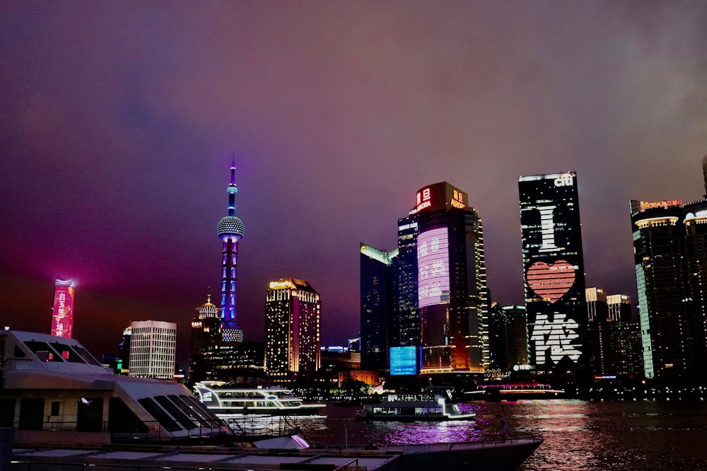 city skyline during night time